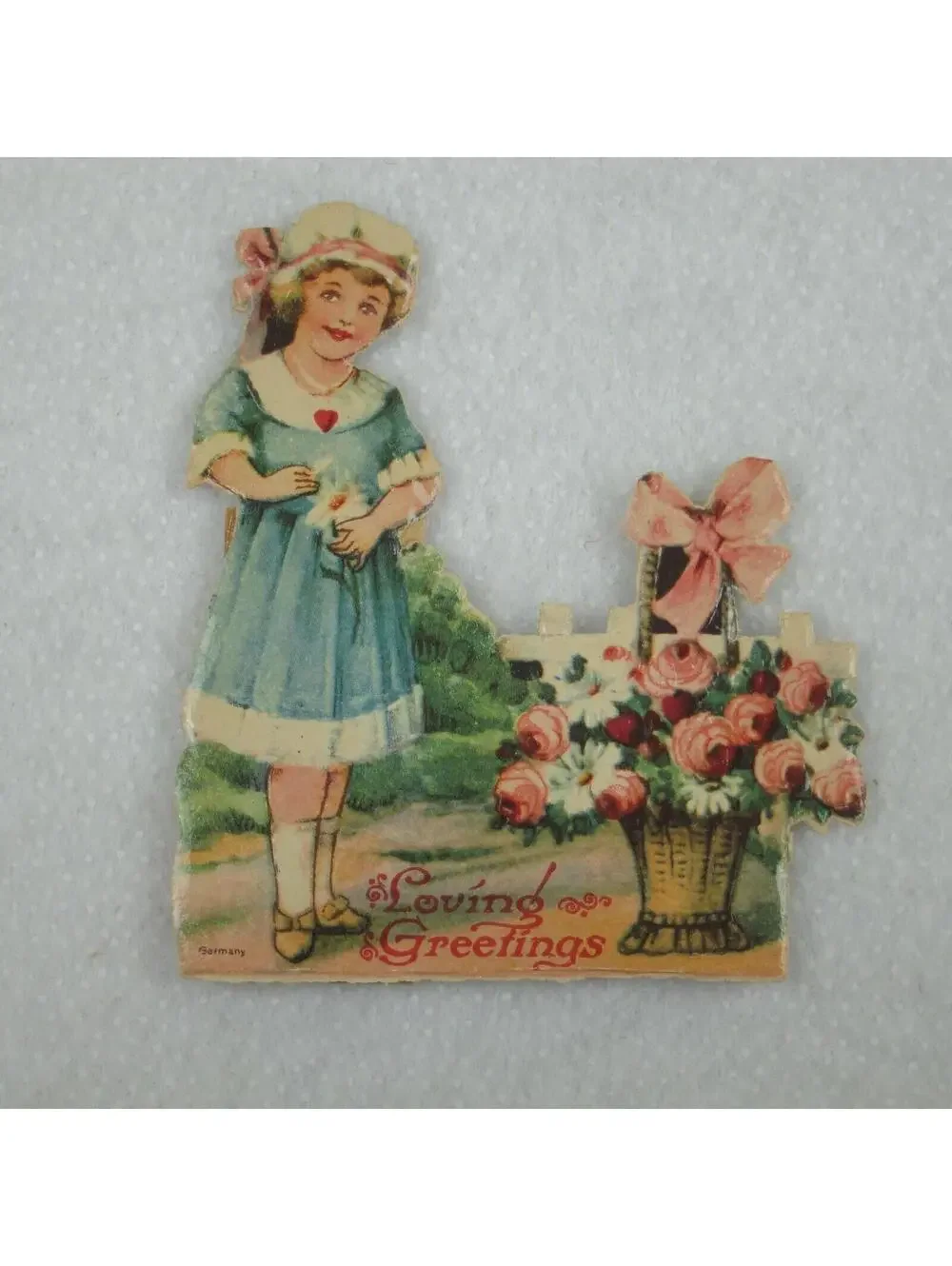 Vintage Valentine Die Cut Stand Up Girl Bonnet & Flower Basket 1920-30s Germany